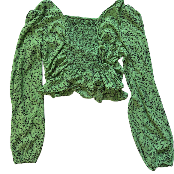 MNG by Mango Green Ditsy Floral print v-neck Balloon long Sleeve crop top - Picture 4 of 7